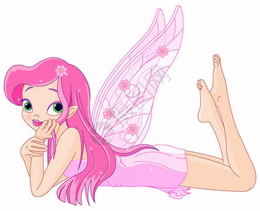 地上头发可爱的仙女穿着美丽粉红色裙子躺在地上插画