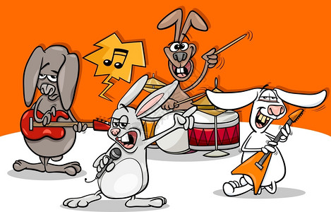 滑稽兔子乐队演奏摇滚音会的漫画插图背景图片
