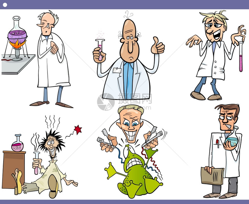 漫画插图滑稽或疯狂科学家进行实验图片