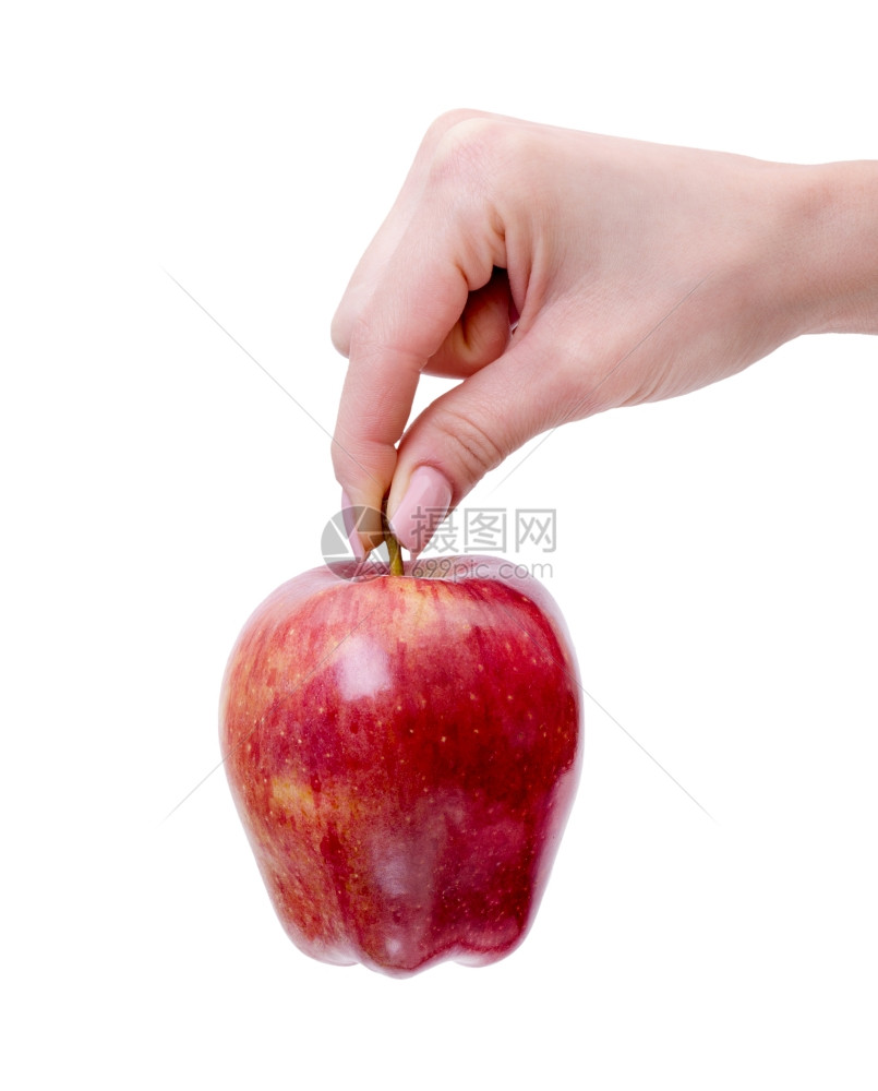 白色背景上用苹果孤立的手图片