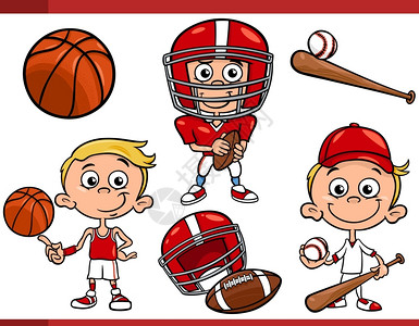 青少年棒球美国足球篮和棒运动设备插画