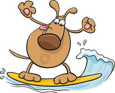 在船上冲浪的狗漫画插图图片