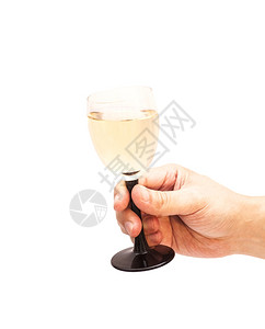 手握玻璃杯子香槟在白色背景上隔离图片