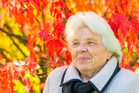 红叶背景的老年妇女肖像图片