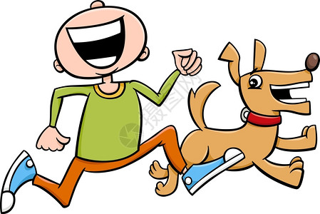 男孩与小狗宠物一起跑的漫画插图图片