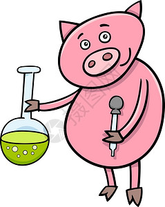 在用小瓶子的化学课上滑稽猪动物人的漫画插图图片