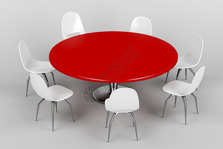 灰色背景会议室的圆桌和白色塑料椅图片