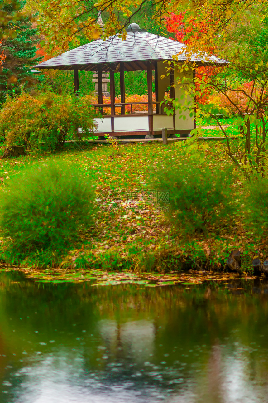 池塘旁的小亭子图片
