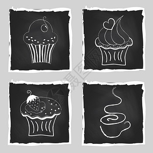 黑色板背景的一副可爱明亮纸杯蛋糕和一咖啡手工绘制的矢量图示图片