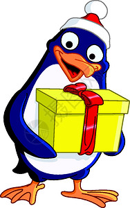 带着头套的企鹅带着礼物的可爱圣诞企鹅插画