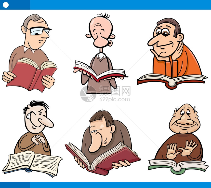 漫画插图一套带书籍的读者字符图片