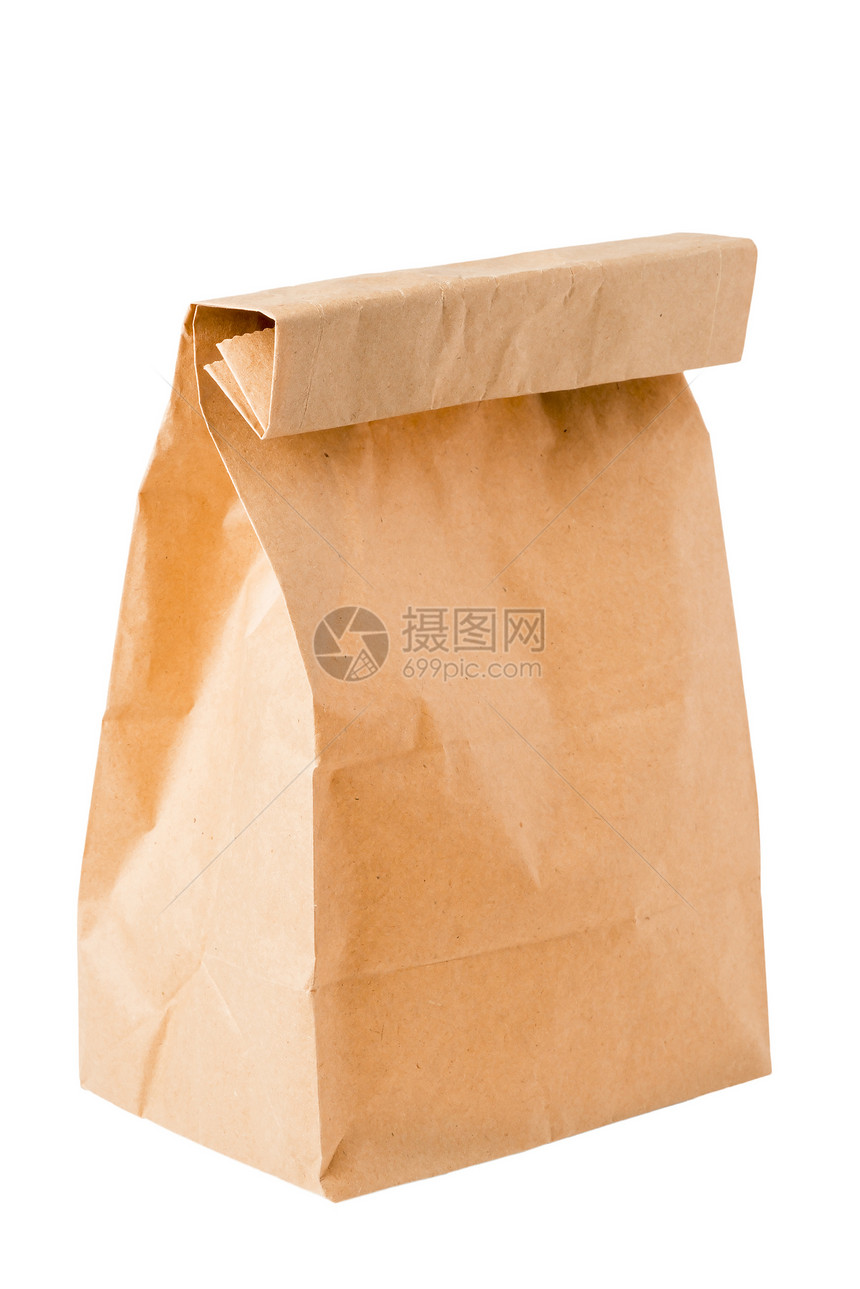 用于在白色背景上包装午餐的棕色纸袋图片