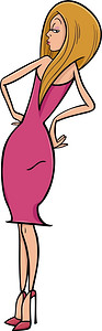 穿粉红色裙子的美丽感女人漫画插图图片