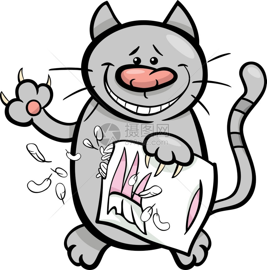 猫或小用爪子抓枕头的漫画插图图片