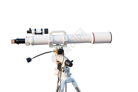 以白色背景孤立的望远镜用于搜索恒星宇宙科学概念图片