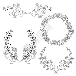 矢量花圈和laure花圈圆形朵矢量框架手工绘制的设计元素集成图片