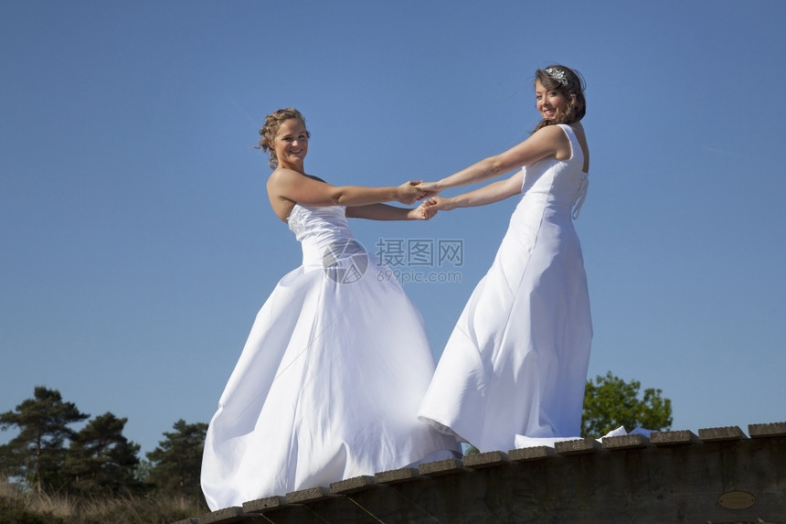 在蓝天的映衬下木桥上的两个新娘相拥在一起图片