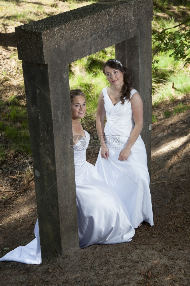 照片中两名新娘在自然环境中被古老的混凝土物体所包围图片