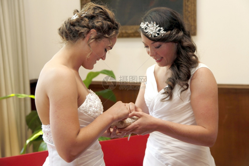 两位新娘在市政厅结婚换戒指图片