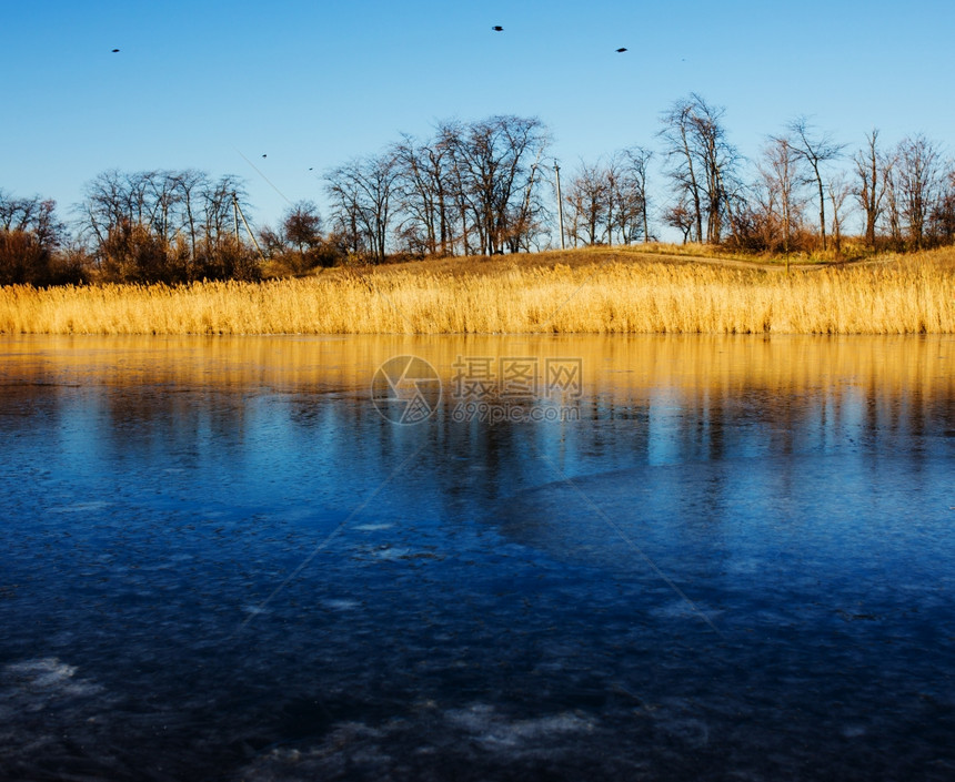 秋天晚湖面上第一次冰雪寒冷的一天第次冰雪在秋天图片
