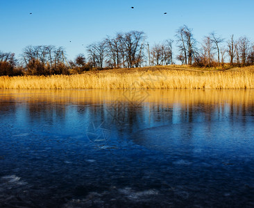 秋天晚湖面上第一次冰雪寒冷的一天第次冰雪在秋天图片