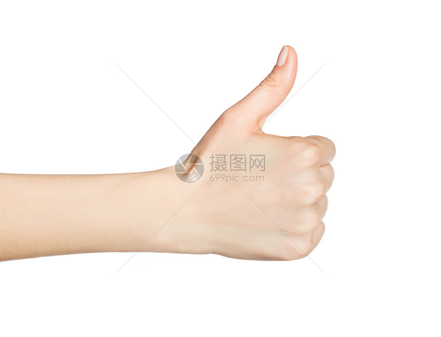 妇女手握拇指在白色背景上被孤立图片