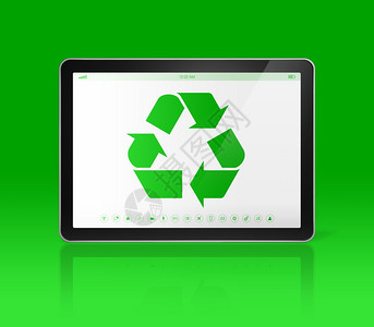 3d数字平板电脑屏幕上有回收符号生态概念图片