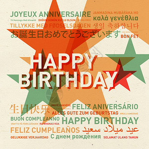 不同语言的古老纪念卡快乐的生日纪念卡来自世界的背景图片