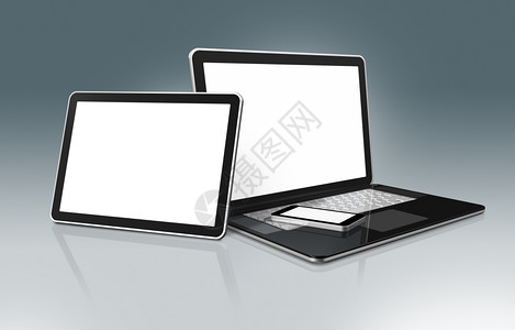 3d高技术膝上型计算机移动电话和数字平板脑以灰色背景与剪切路径隔绝图片