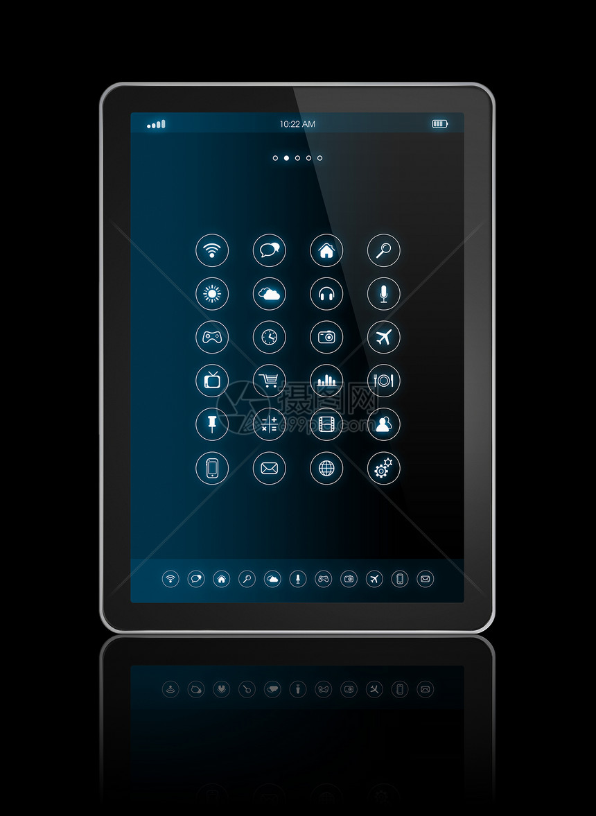 3d带有应用程序图标接口的数码平板电脑在黑色上与剪切路径隔离带有应用程序图标接口的数字平板电脑图片