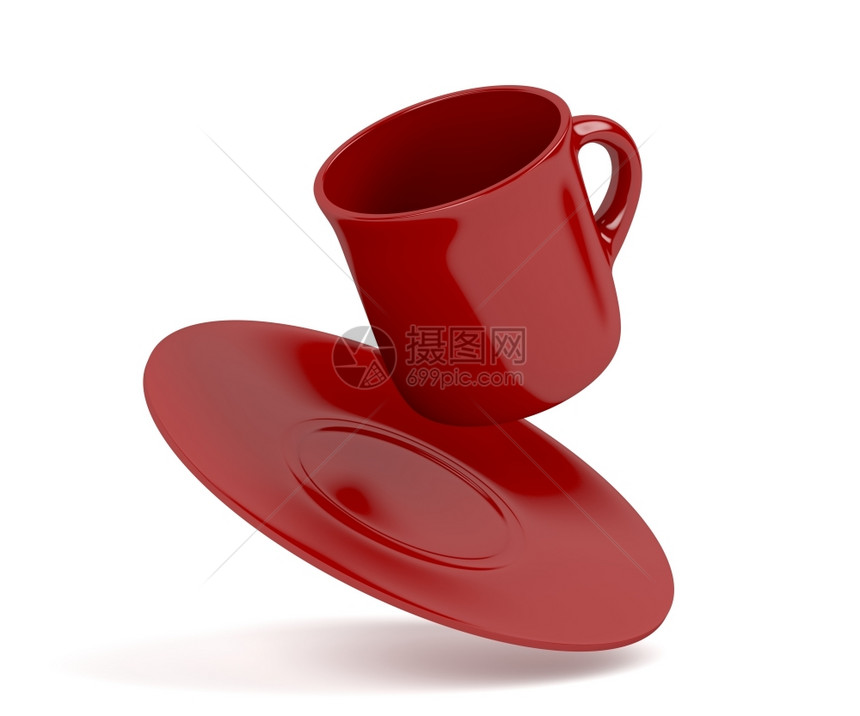 红咖啡杯落于白背景图片