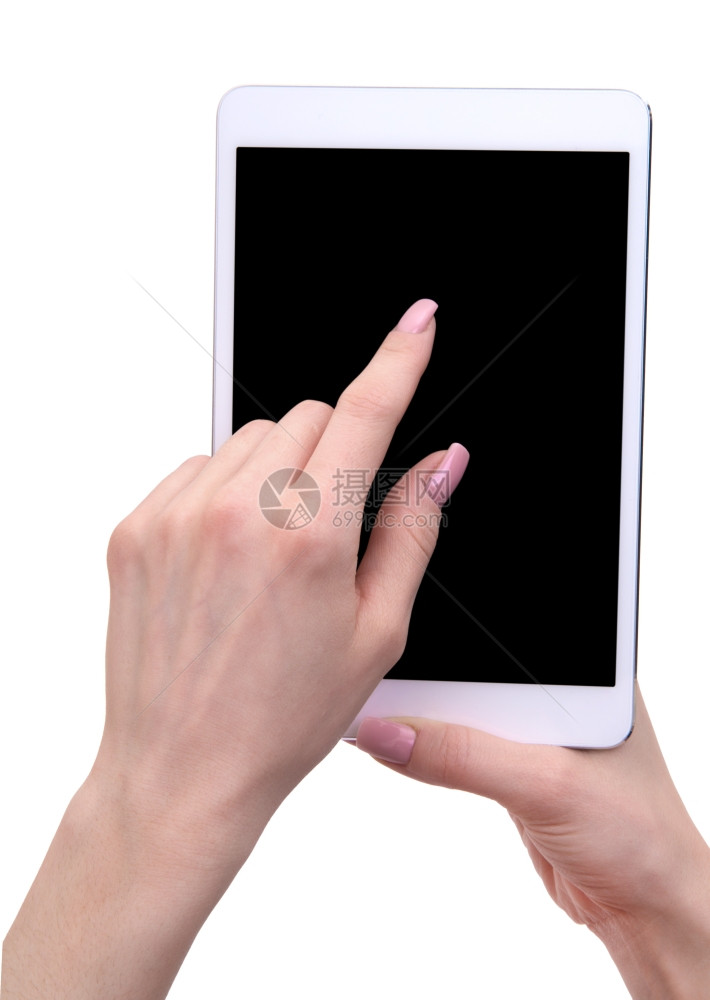 女手握平板触摸计算机工具有隔离屏幕图片