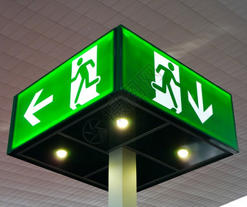 紧急出口标志上限的立方灯概念图片