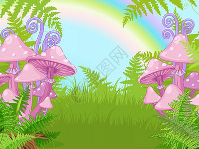 充满蘑菇发芽彩虹的幻想风景图片