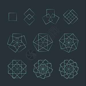 四角光轮廓单色变异神圣几何方形装饰元素收集孤立的暗底图片
