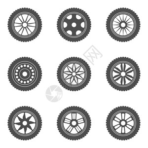 黑色橡胶一组汽车轮圈胎说明矢量图插画