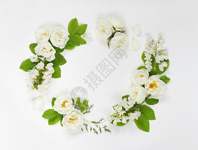由白色野玫瑰和蝗虫花组成的古老风格装饰成分白色的野玫瑰和蝗虫花背景的绿叶子顶层视图平坦的面背景图片