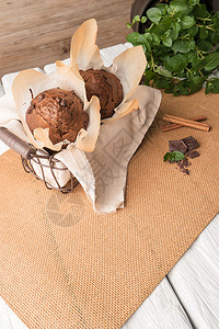巧克力松饼和篮子巧克力片烧火棒和地垫薄荷图片