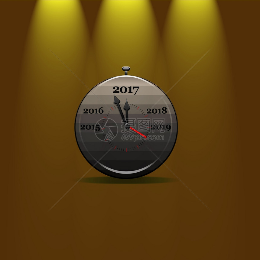 3d灰色截停手表箭头显示2017年黄色孤立背景上显示2017年上面有照明图片