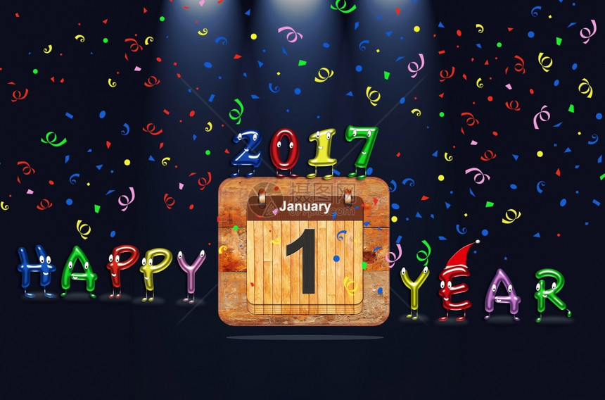 木制日历首个字元为2017年彩色文本快乐年3D翻譯图片