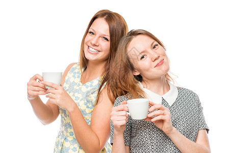 两名白底咖啡杯妇女横向肖像图片
