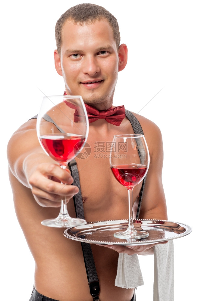 年轻时穿着躯的酒保喝杯红图片