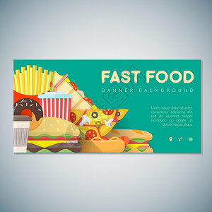 矢量多彩的平板设计各种快速食品示例绿色孤立背景deco标语模板图片