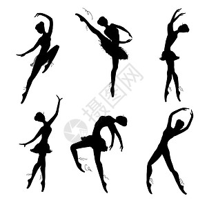 一组芭蕾舞者双光影黑色在白背景上矢量手画插图背景图片