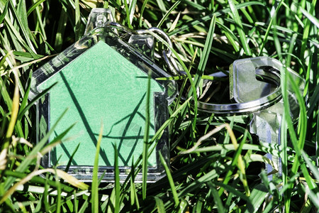 草和钥匙上的房子形状太阳光图片