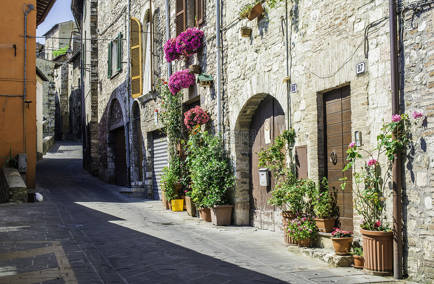 意大利典型的房屋石块建筑和鲜花图片