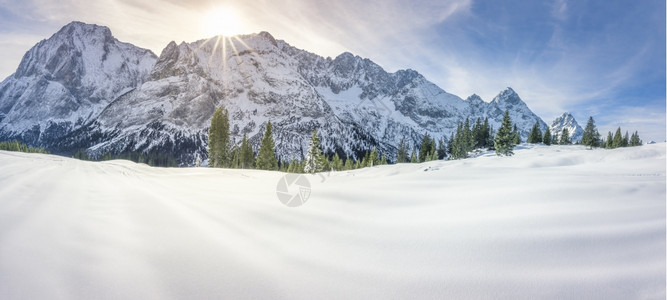 梦寐以求的冬日全景与奥斯特里亚山丘森林和谷上厚的雪层图片