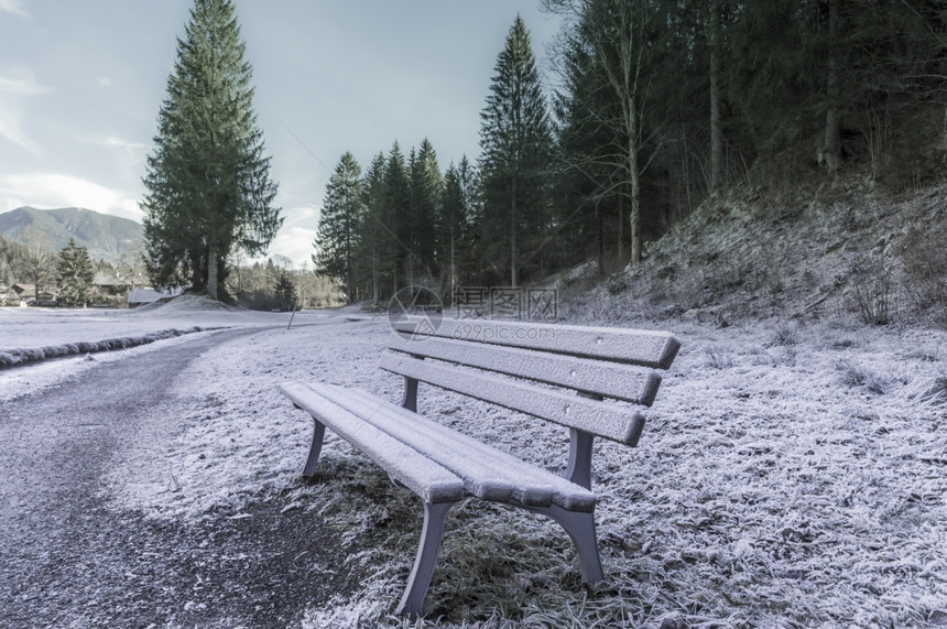 冬天的风景冷冻长凳和草地在一个小奥斯特里亚村的森林小巷边叫做hrwald图片