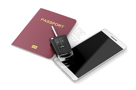 白色背景的智能手机护照和汽车钥匙图片