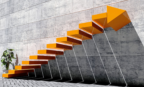 步骤和楼梯向下一级前进的步骤成功概念带箭标的橙色楼梯和外景的混凝土墙背景